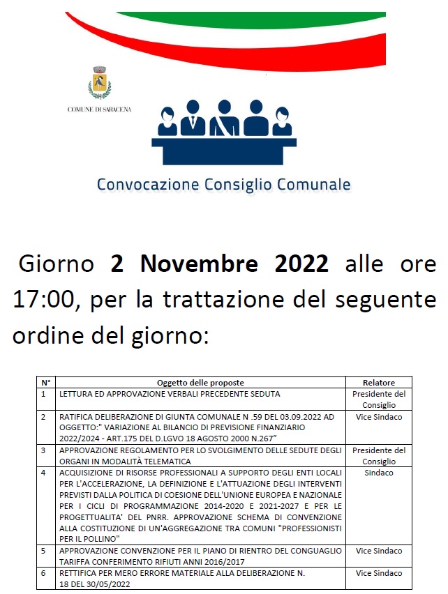 Convocazione Consiglio Comunale - 2 Novembre 2022