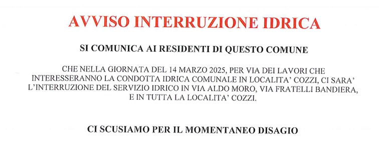 Avviso INTERRUZIONE IDRICA