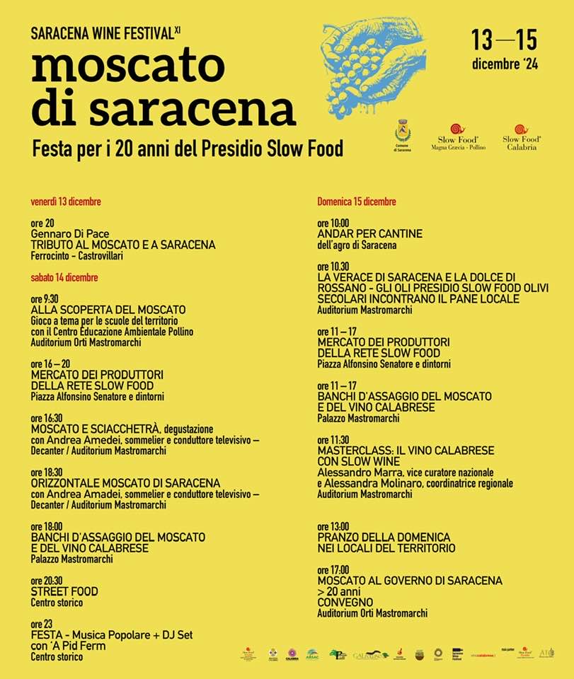 Da venerdì 13 a domenica 15 dicembre vi aspettiamo per celebrare i 20 anni del Presidio Slow Food del Moscato Passito al Governo di Saracena