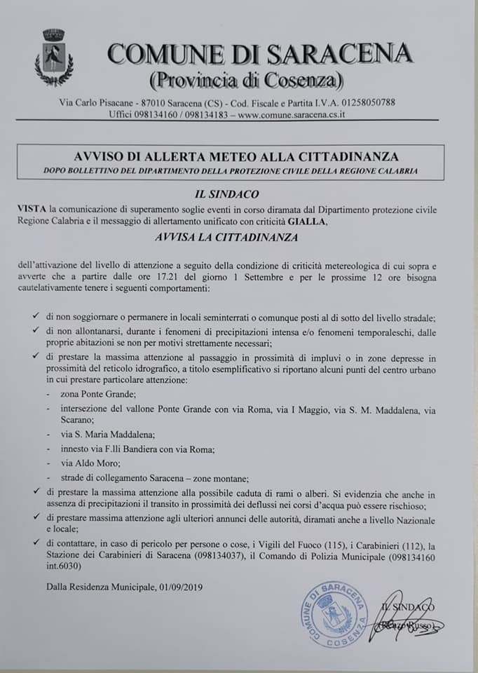 Massima attenzione | avviso superamento soglie per eventi in corso sul territorio comunale