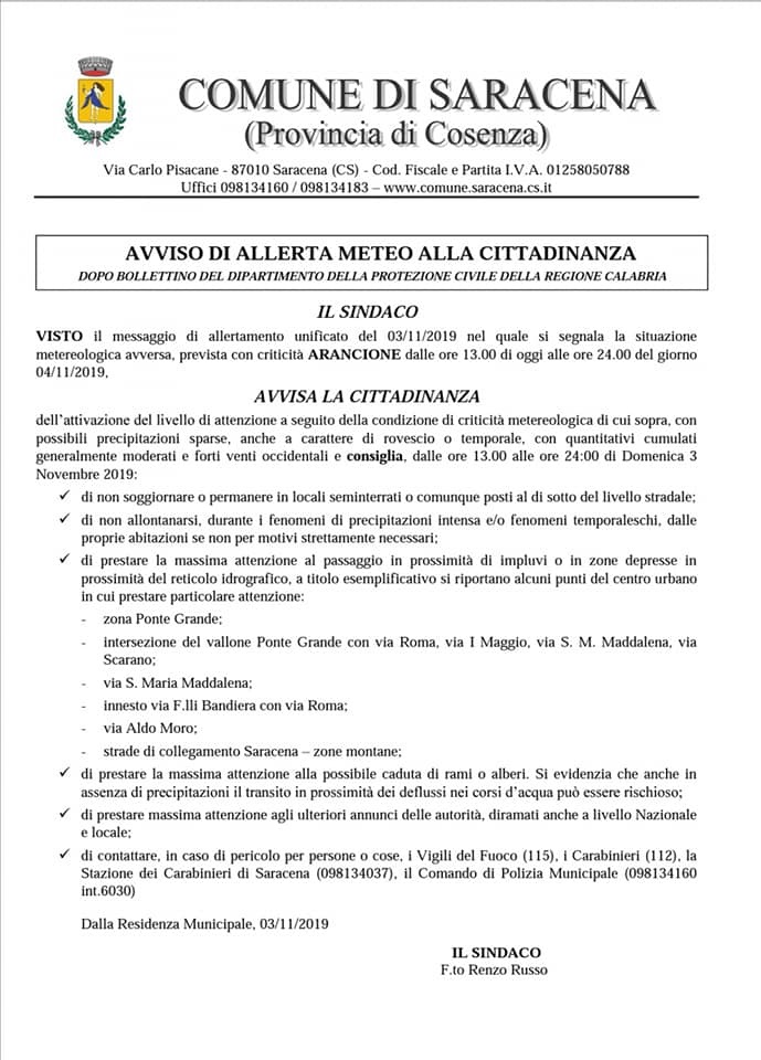 Avviso allerta meteo alla cittadinanza