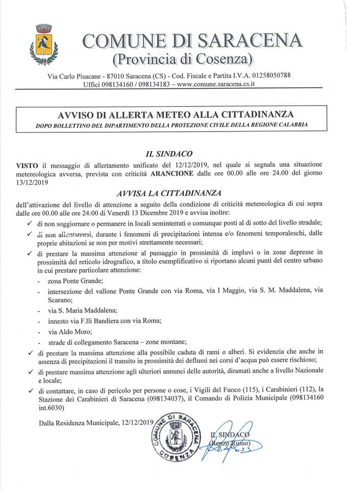 Avviso allerta meteo arancione prevista per domani 13 dicembre 2019