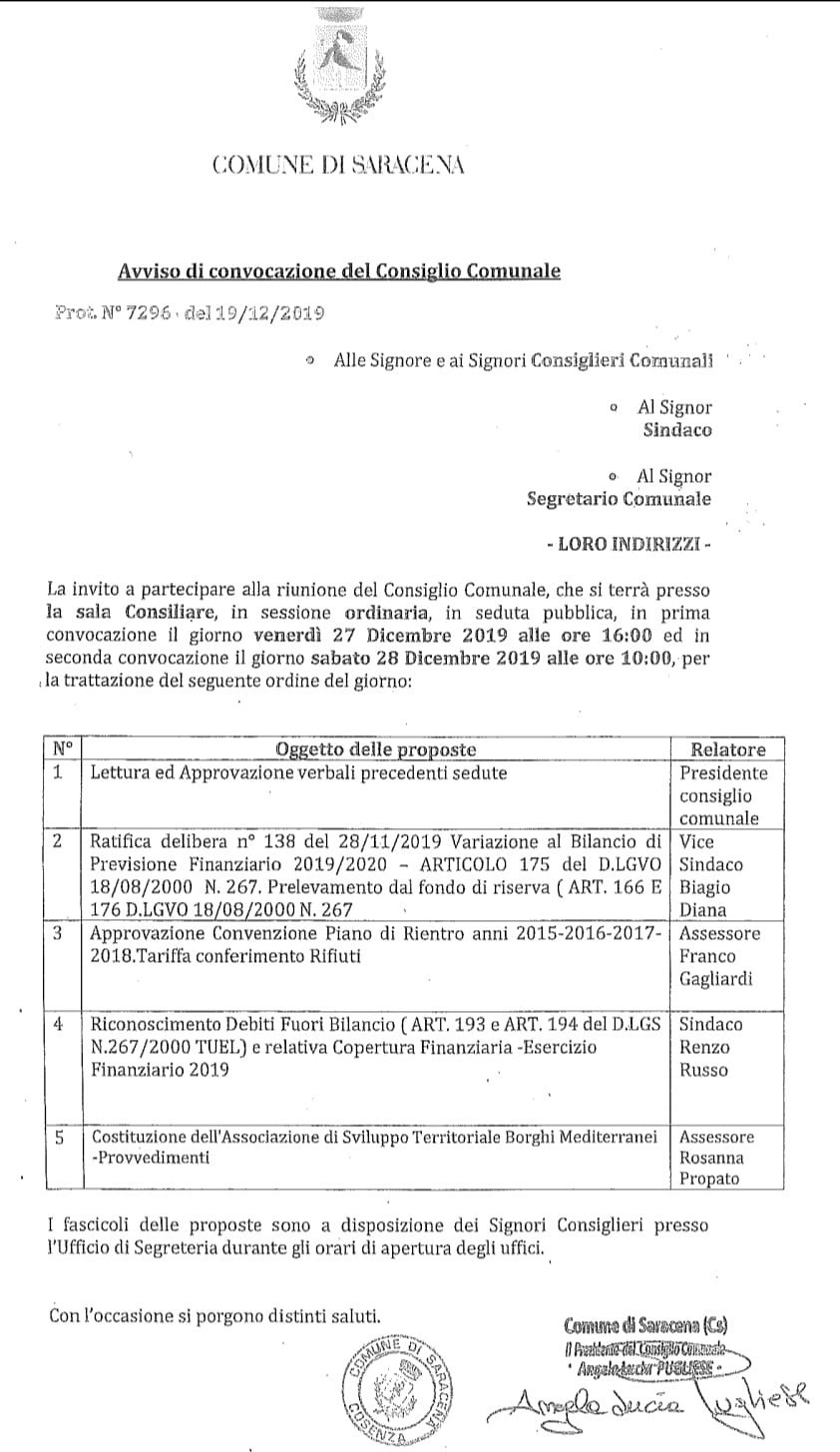 Oggi si riunisce il Consiglio Comunale