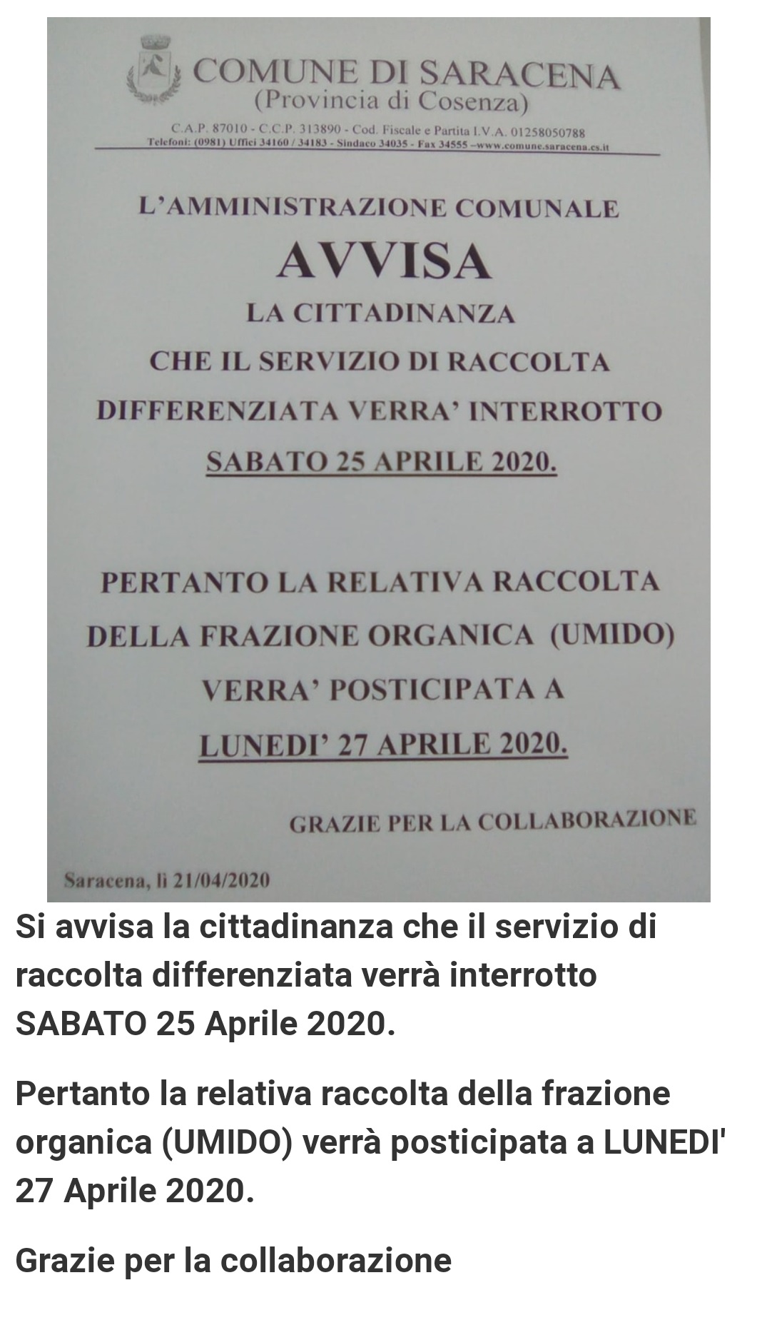 AVVISO ALLA CITTADINANZA  - raccolta differenziata.