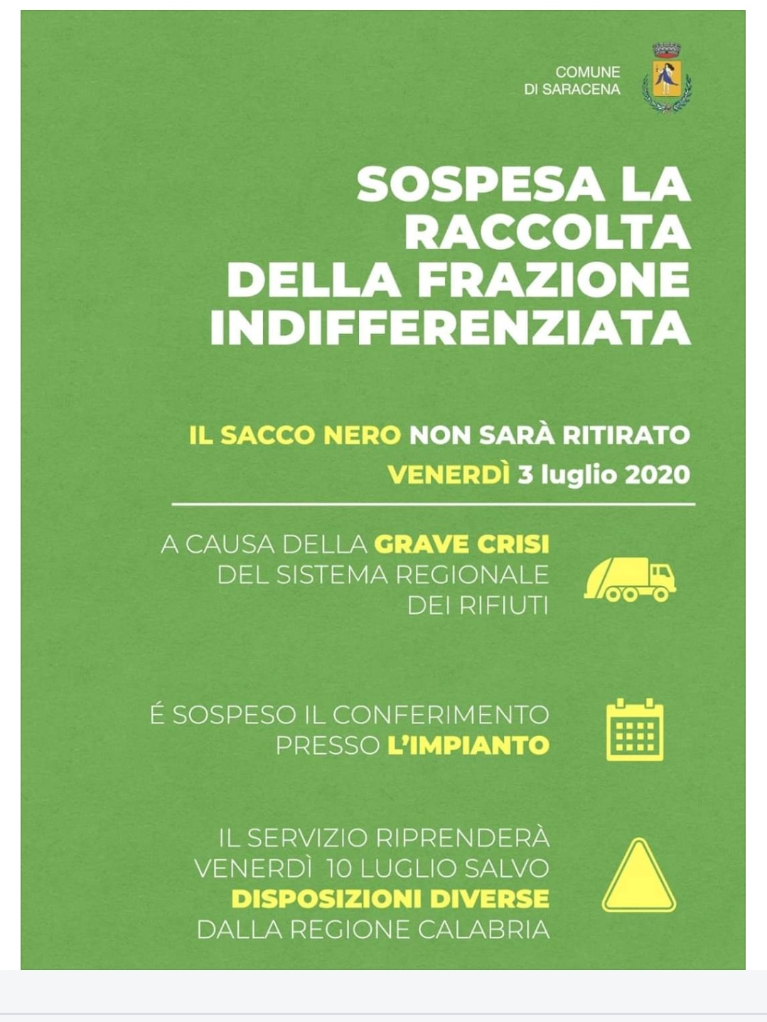 Avviso alla cittadinanza sospensione raccolta frazione indifferenziata