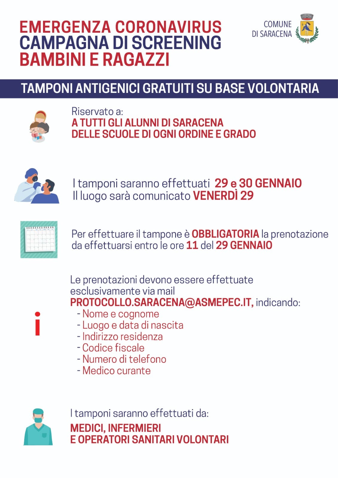 -- EMERGENZA CORONAVIRUS -- Screening anche ai nostri bambini e ai nostri ragazzi frequentanti le scuole di Saracena