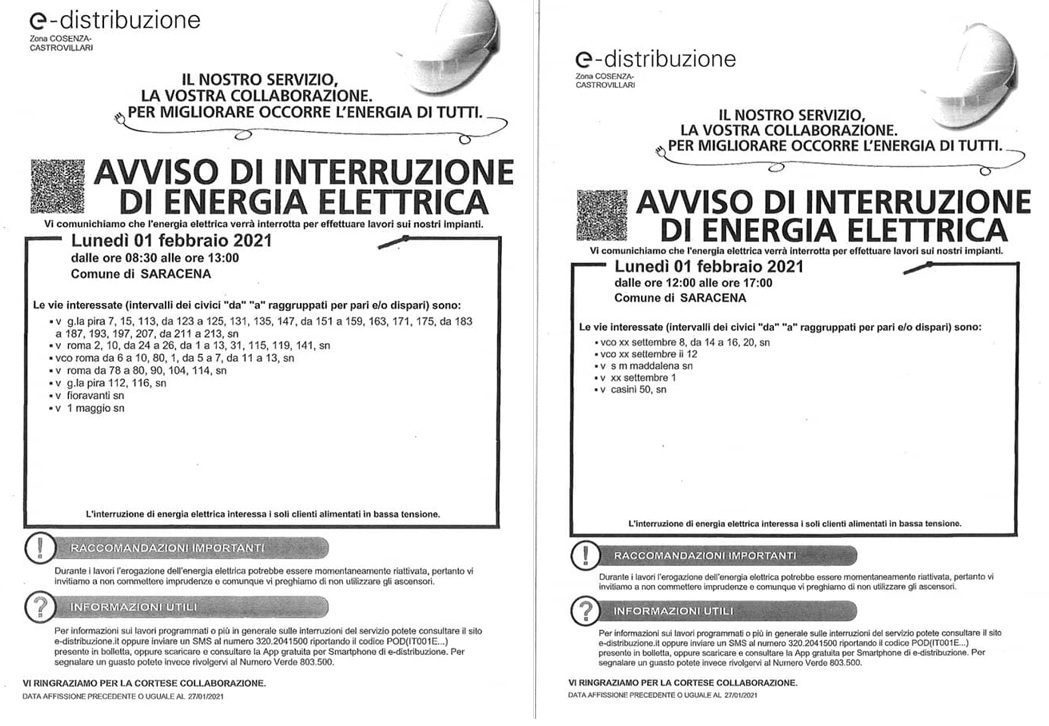 Avviso di interruzione di energia elettrica prevista per lunedi’ 1 febbraio