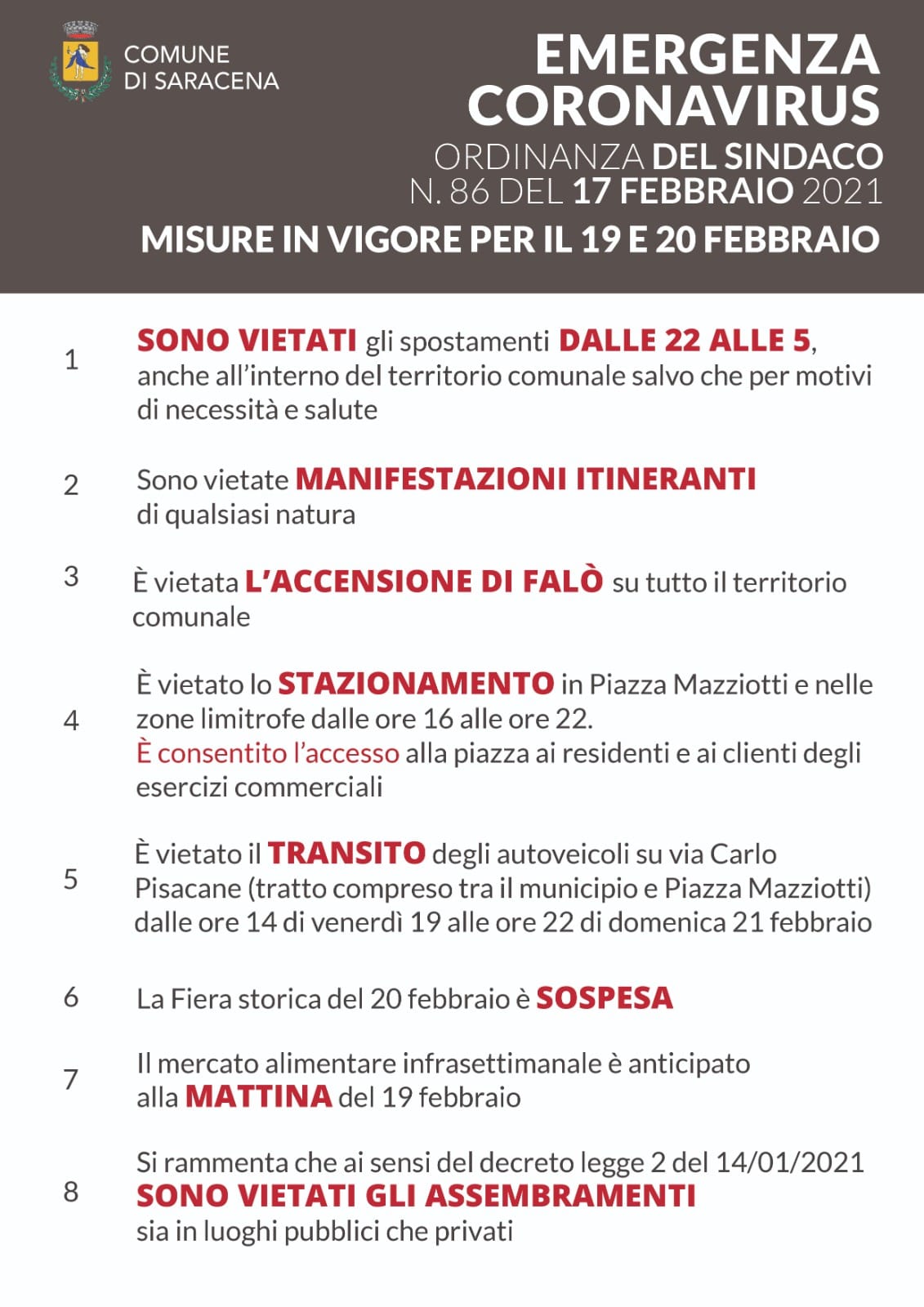 --EMERGENZA CORONAVIRUS--- -Disposizioni riguardanti le giornate del 19 e 20 febbraio in occasione della Festa di San Leone-