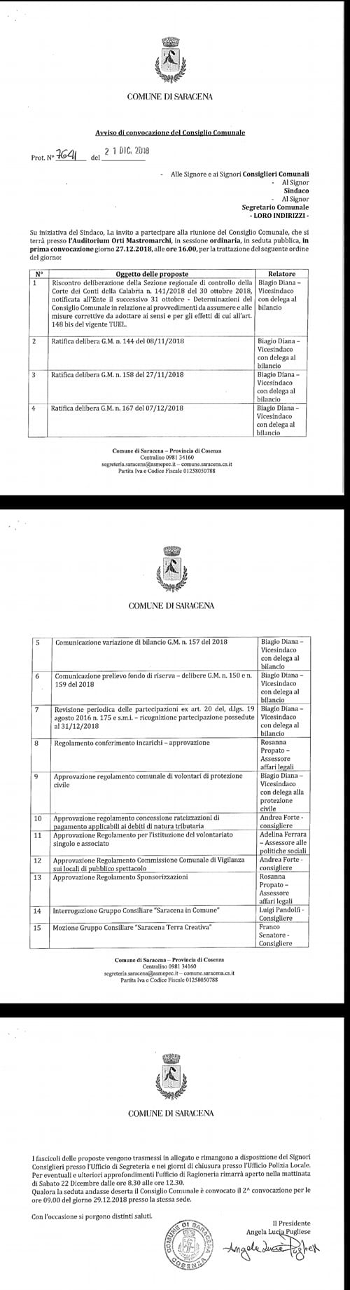CONVOCAZIONE CONSIGLIO COMUNALE - giorno 27 dicembre ore 16
