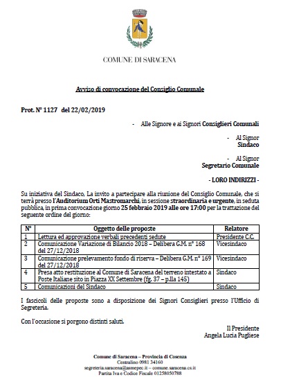 Avviso di convocazione del Consiglio Comunale