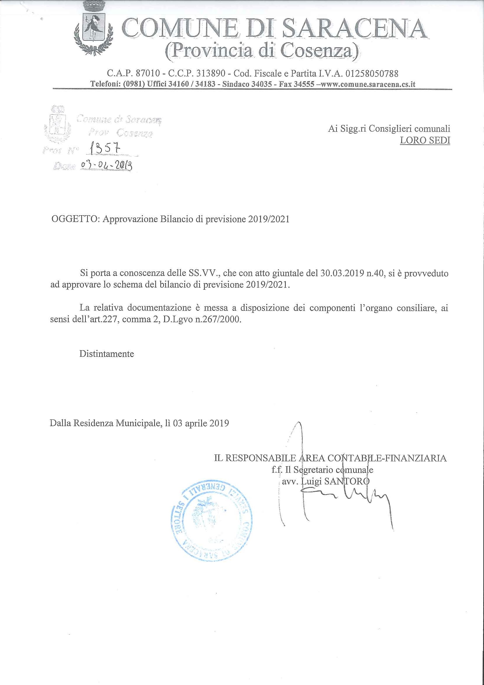 Approvazione Bilancio di previsione 2019/2021