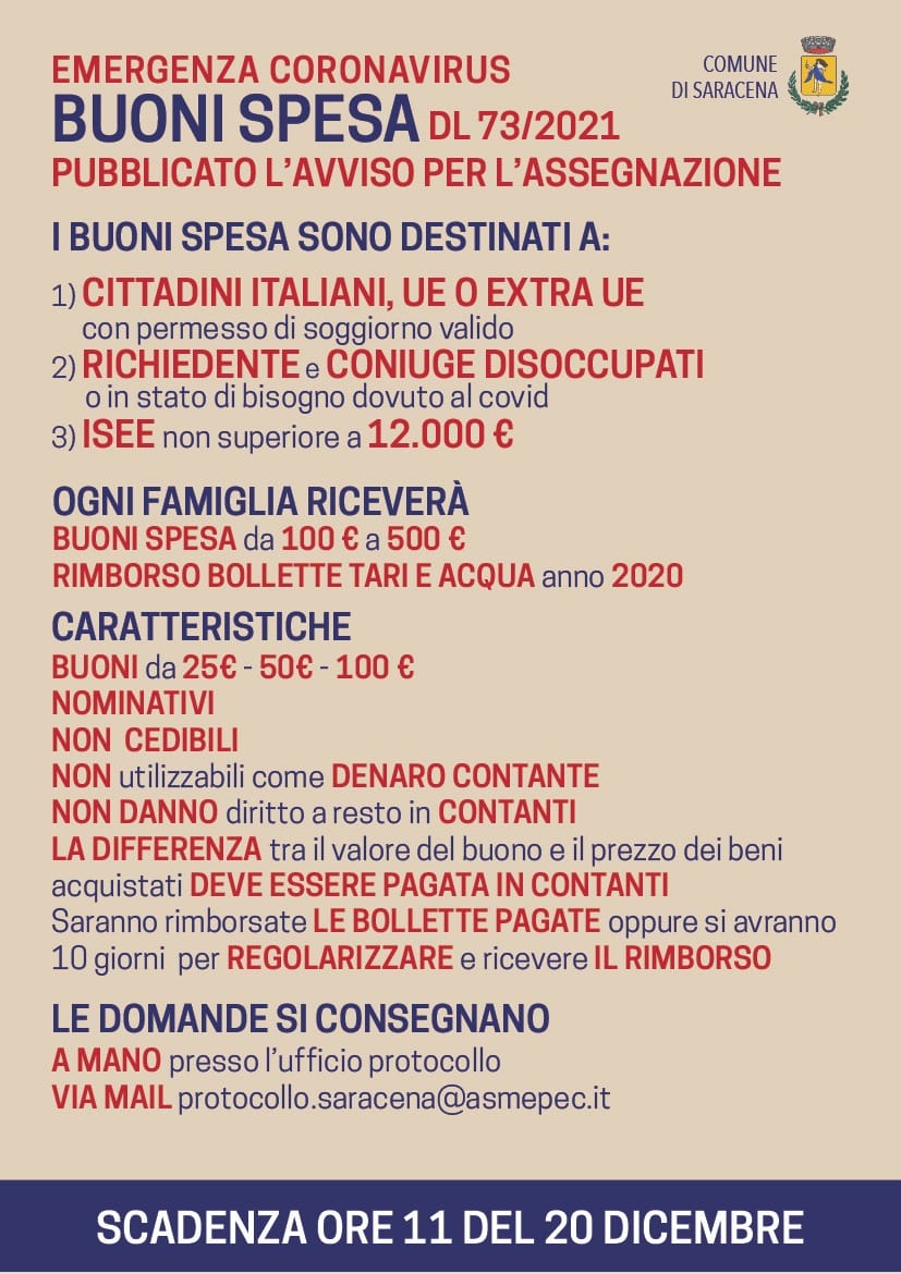 Avviso pubblico per assegnazione di buoni spesa e rimborso utenze domestiche e costituzione elenco di esercizi commerciali e/o farmacie e parafarmacie per buoni spesa