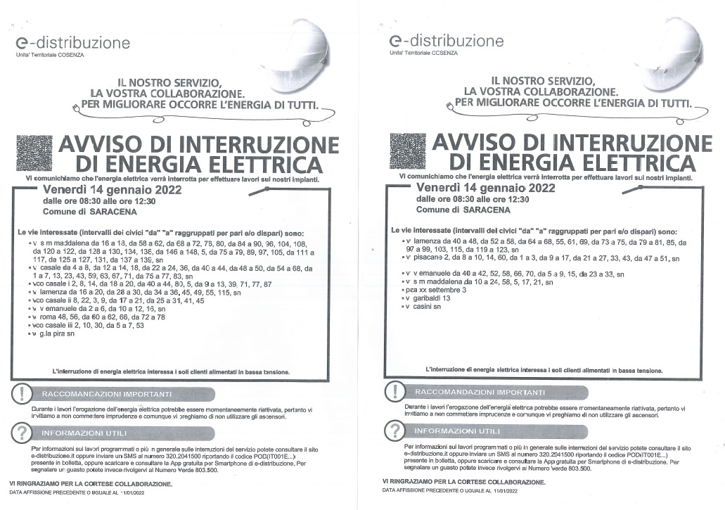 Avviso interruzione energia elettrica giorno 14 Gennaio 2022