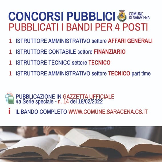 OPPORTUNITÀ DI LAVORO A SARACENA. Per un Comune efficiente e al servizio della collettività.