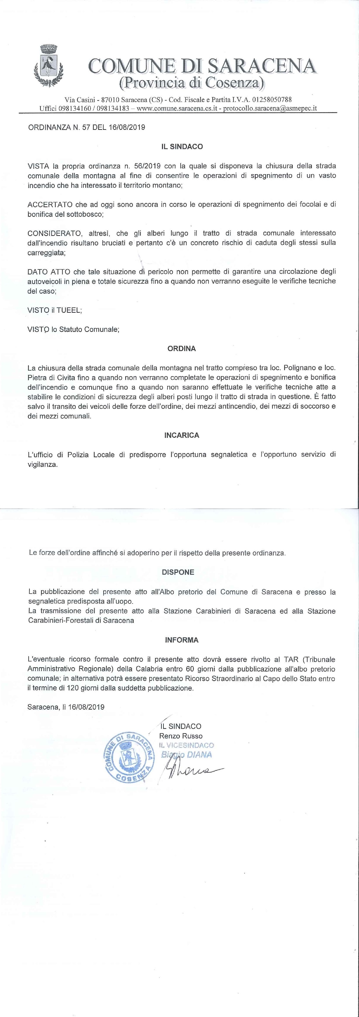 Ordinanza n.  57 del 16.08.2019